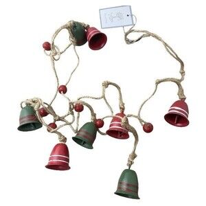Silver Tree 39 inch Metal & Jute Garland Red & Green Retro Striped Jingle Bells